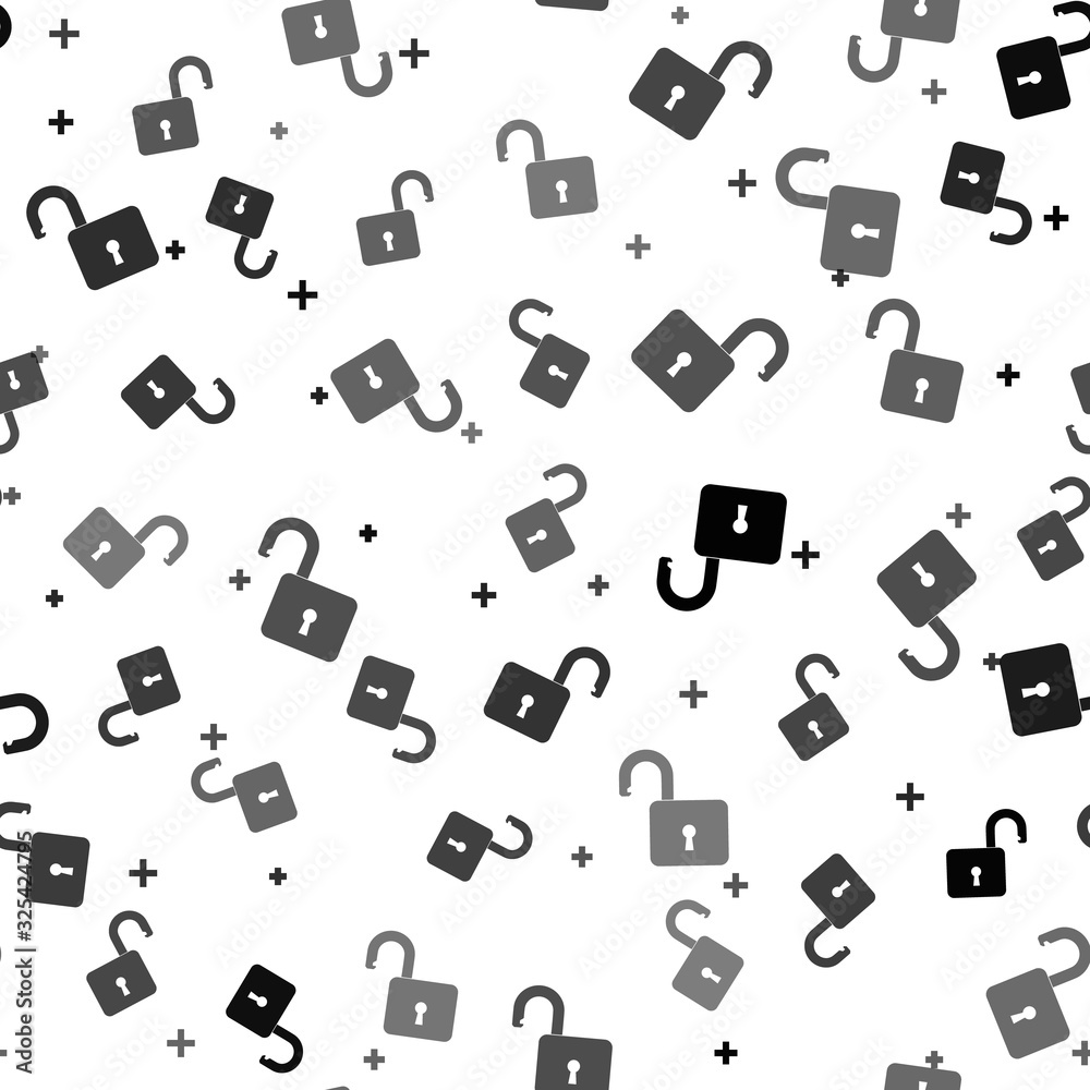 Black Open padlock icon isolated seamless pattern on white background. Opened lock sign. Cyber security concept. Digital data protection. Safety safety. Vector Illustration