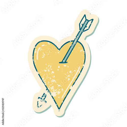 distressed sticker tattoo style icon of an arrow and heart