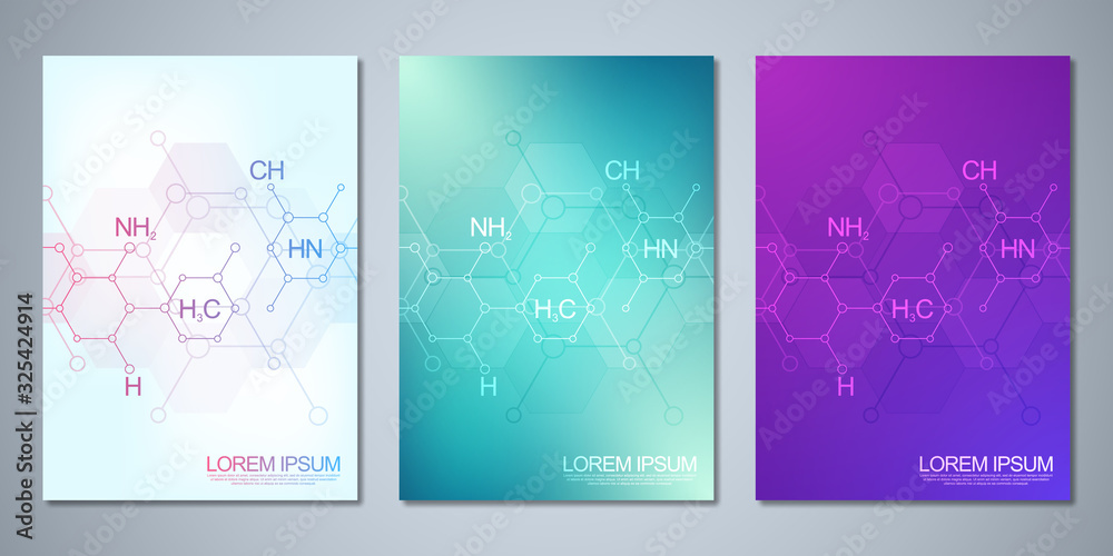 Template brochure or cover design, book, flyer with abstract chemistry background and chemical formulas. Concept and idea for science and innovation technology.