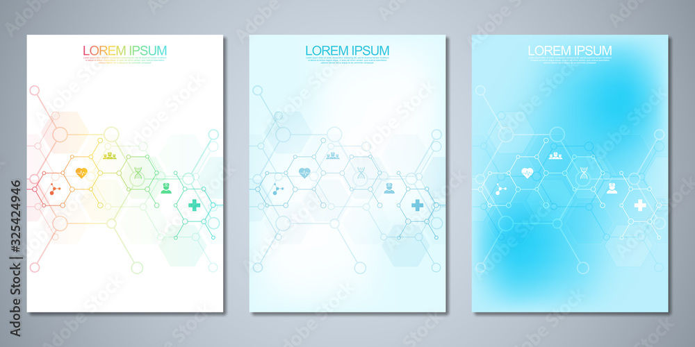 Template brochure or cover book, page layout, flyer design. Concept and idea for health care business, innovation medicine, pharmacy, technology. Medical background with flat icons and symbols.