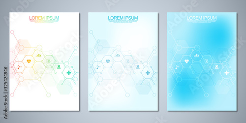 Template brochure or cover book, page layout, flyer design. Concept and idea for health care business, innovation medicine, pharmacy, technology. Medical background with flat icons and symbols.