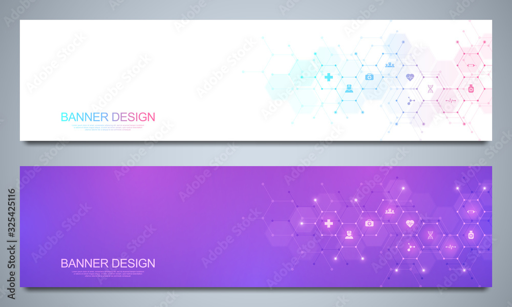 Banners design template for healthcare and medical decoration with flat icons and symbols. Science, medicine and innovation technology concept.