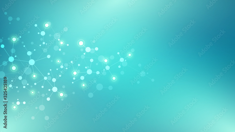 Abstract background of molecules. Molecular structures or DNA strand, genetic engineering, neural network, innovation technology, scientific research. Technological, science and medicine concept. Abstract background of molecules. Molecular structures or DNA strand, genetic engineering, neural network, innovation technology, scientific research. Technological, science and medicine concept.