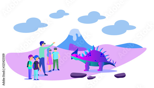 Children Group Visiting Virtual Paleontology Museum. Cartoon Kids  Teacher or Guide Wearing VR Headset Glasses Watch Prehistoric Predator Dinosaur Realistic Visualization. Vector Flat Illustration