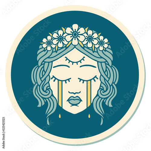tattoo style sticker of female face crying with third eye