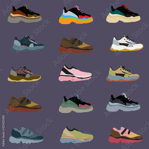 Modern fashionable sneakers on a white background seamless pattern. Vector hand drawn illustration. All objects are grouped and isolated.
