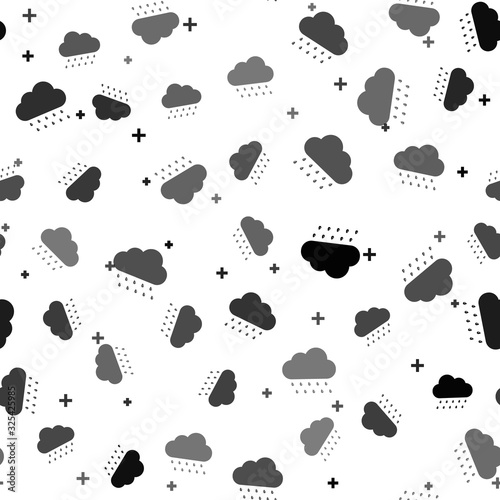 Black Cloud with rain icon isolated seamless pattern on white background. Rain nimbus cloud precipitation with rain drops. Vector Illustration