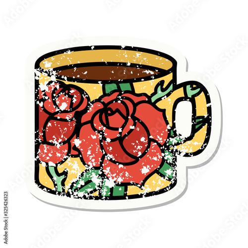 traditional distressed sticker tattoo of a cup and flowers