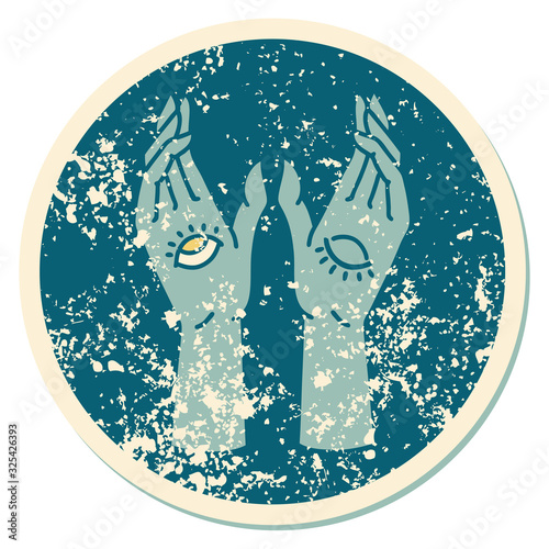 distressed sticker tattoo style icon of mystic hands