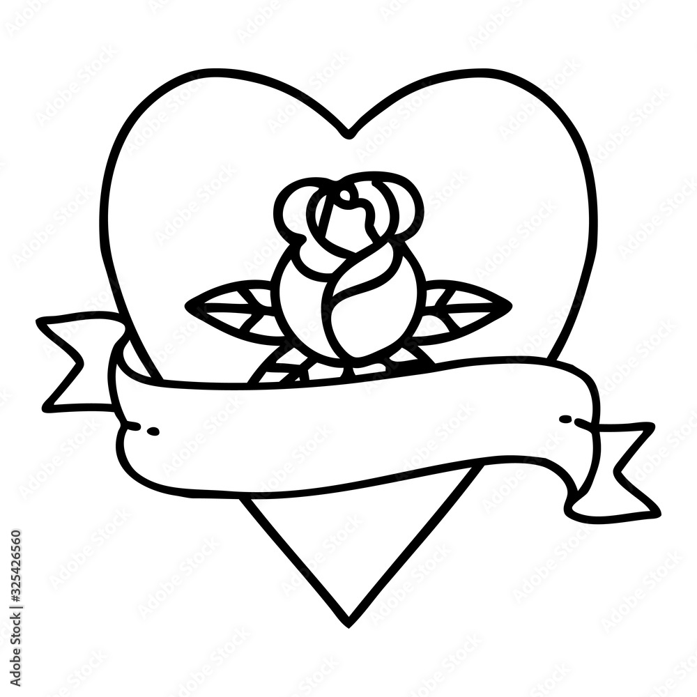 black line tattoo of a heart rose and banner black line tattoo of a heart rose and banner