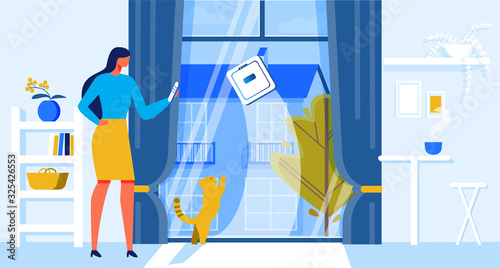 Help for Woman Robot Window Cleaner Cartoon Flat Vector Illustration. Interior Dining Room Apartment. Girl Standing near Cat. Robot Washing Windows, Woman Controls Using Remote. Dirty Glass.