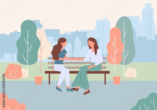 Cartoon Women Sit on Bench at City Park Street Talking Vector Illustration. Friends Meeting. Girls Chatting, Gossip, Speak. Female Friendship. People Conversation Outdoors. Summer Day Nature