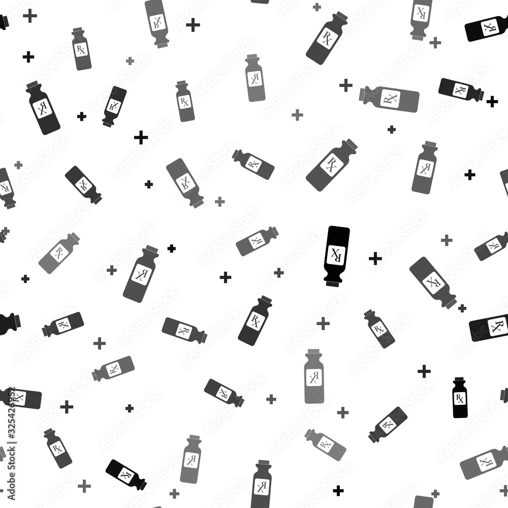 Black Pill bottle with Rx sign and pills icon isolated seamless pattern on white background. Pharmacy design. Rx as a prescription symbol on drug medicine bottle. Vector Illustration Black Pill bottle with Rx sign and pills icon isolated seamless pattern on white background. Pharmacy design. Rx as a prescription symbol on drug medicine bottle. Vector Illustration