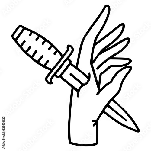 black line tattoo of a dagger in the hand