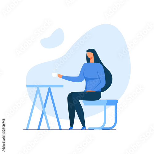 Young Nurse in Uniform Drinking Coffee Cutout Illustration. Carton Woman Character Rest Sitting with Cup of Tea in Locker Room. Flat Vector Table and Chair. Time for Relax and Work Break