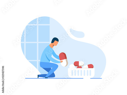 Male Scientist Puts Drugs in Package Cartoon. Pharmacist Sorts Capsules in Laboratory. Pills Prescription Design. New Experimental Treatment by Innovative Medication. Vector Flat Cutout Illustration