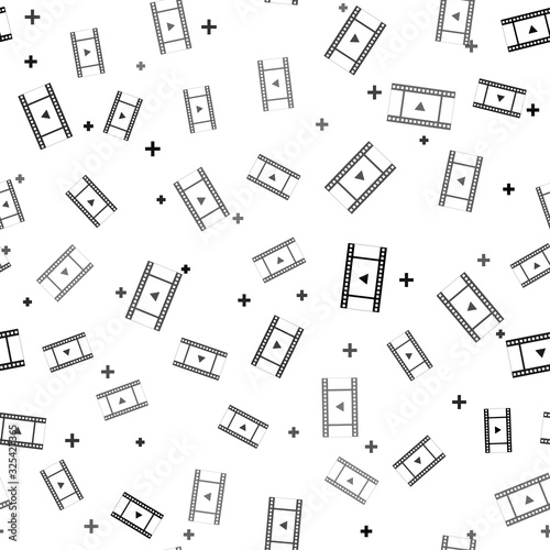 Black Play Video icon isolated seamless pattern on white background. Film strip with play sign. Vector Illustration