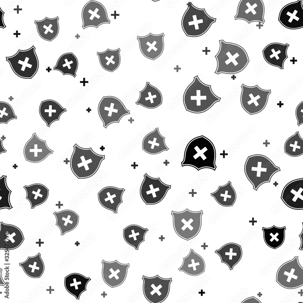 Black Shield and cross x mark icon isolated seamless pattern on white background. Denied disapproved sign. Protection, safety, security concept. Vector Illustration Black Shield and cross x mark icon isolated seamless pattern on white background. Denied disapproved sign. Protection, safety, security concept. Vector Illustration