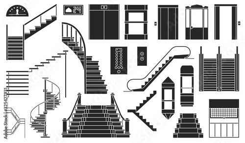 Slika na platnu Staircase and lift vector black set icon