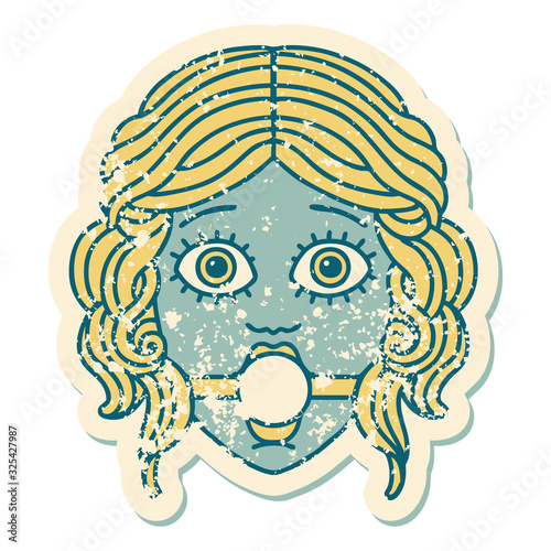 distressed sticker tattoo style icon of female face with ball gag