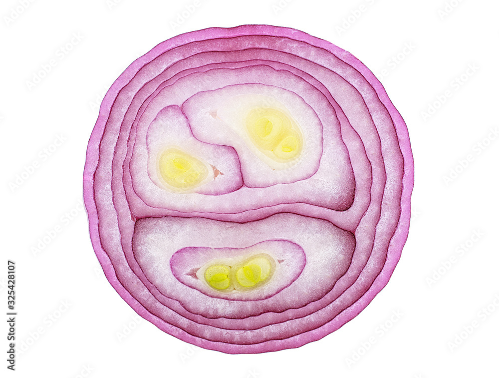Purple onion slice on a white background, top view. Purple onion slice on a white background, top view.