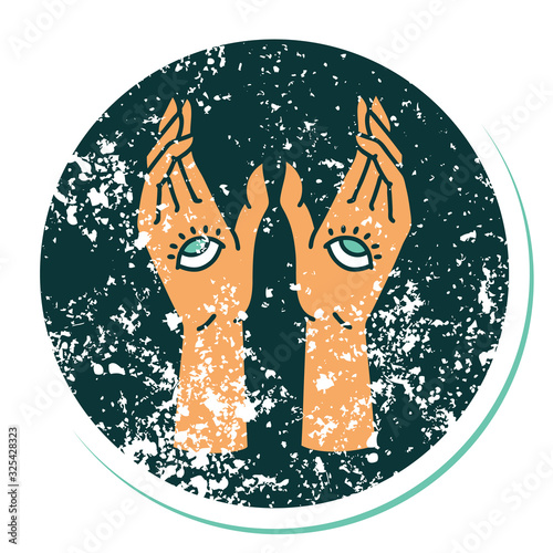 distressed sticker tattoo style icon of mystic hands