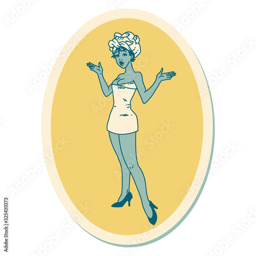 tattoo style sticker of a pinup girl in towels