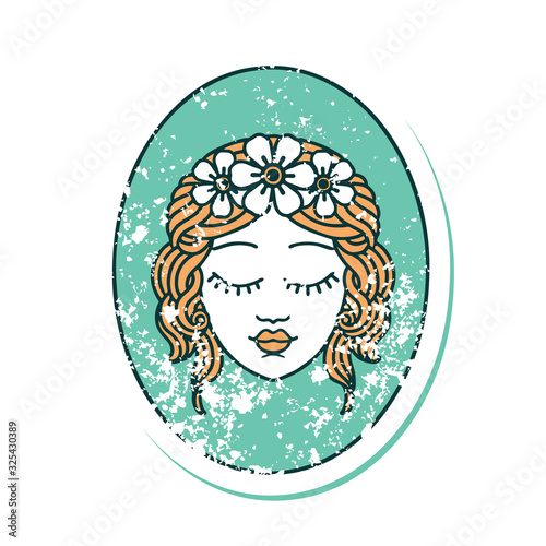 distressed sticker tattoo style icon of a maiden with eyes closed