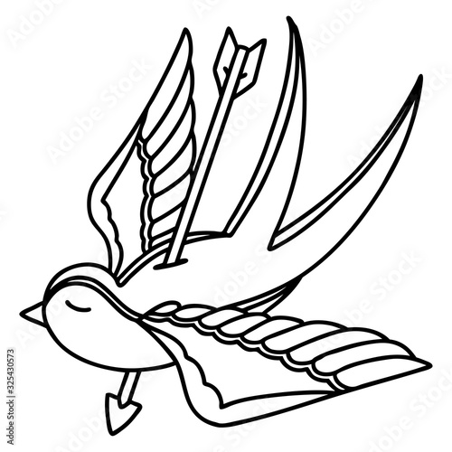 black line tattoo of a swallow pieced by arrow