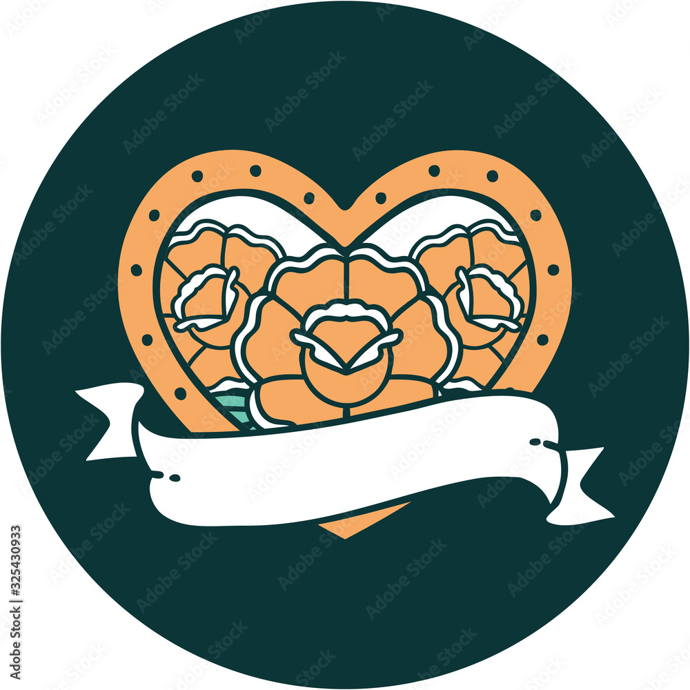 Obraz premium tattoo style icon of a heart and banner with flowers