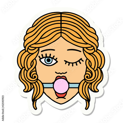 tattoo style sticker of winking female face with ball gag