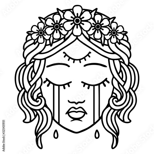 black line tattoo of female face crying with third eye