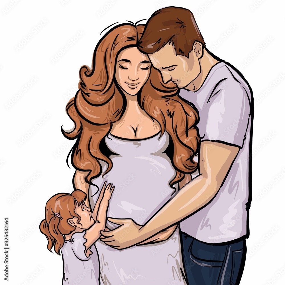Happy family: pregnant mother, father and little cute daughter. Sketch ...