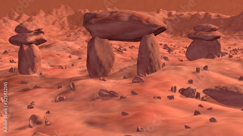 Stone structures on ancient alien world. Martian monuments , artifacts . 3d rendering illustration
