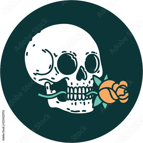 tattoo style icon of a skull and rose