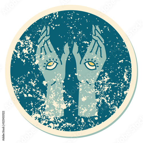 distressed sticker tattoo style icon of mystic hands