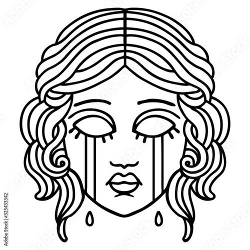 black line tattoo of female face crying