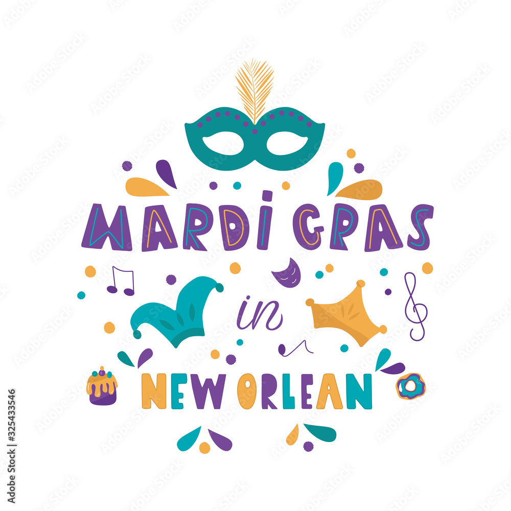 1. MARDI GRAS IN NEW ORLEAN carnival party vector masquerade celebration festival icon design flat style. Colorful lettering with carnival mask, joker, crown, cake on white background. Celebration vec