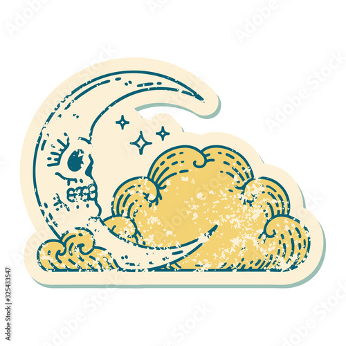 distressed sticker tattoo style icon of a skull crescent moon and clouds