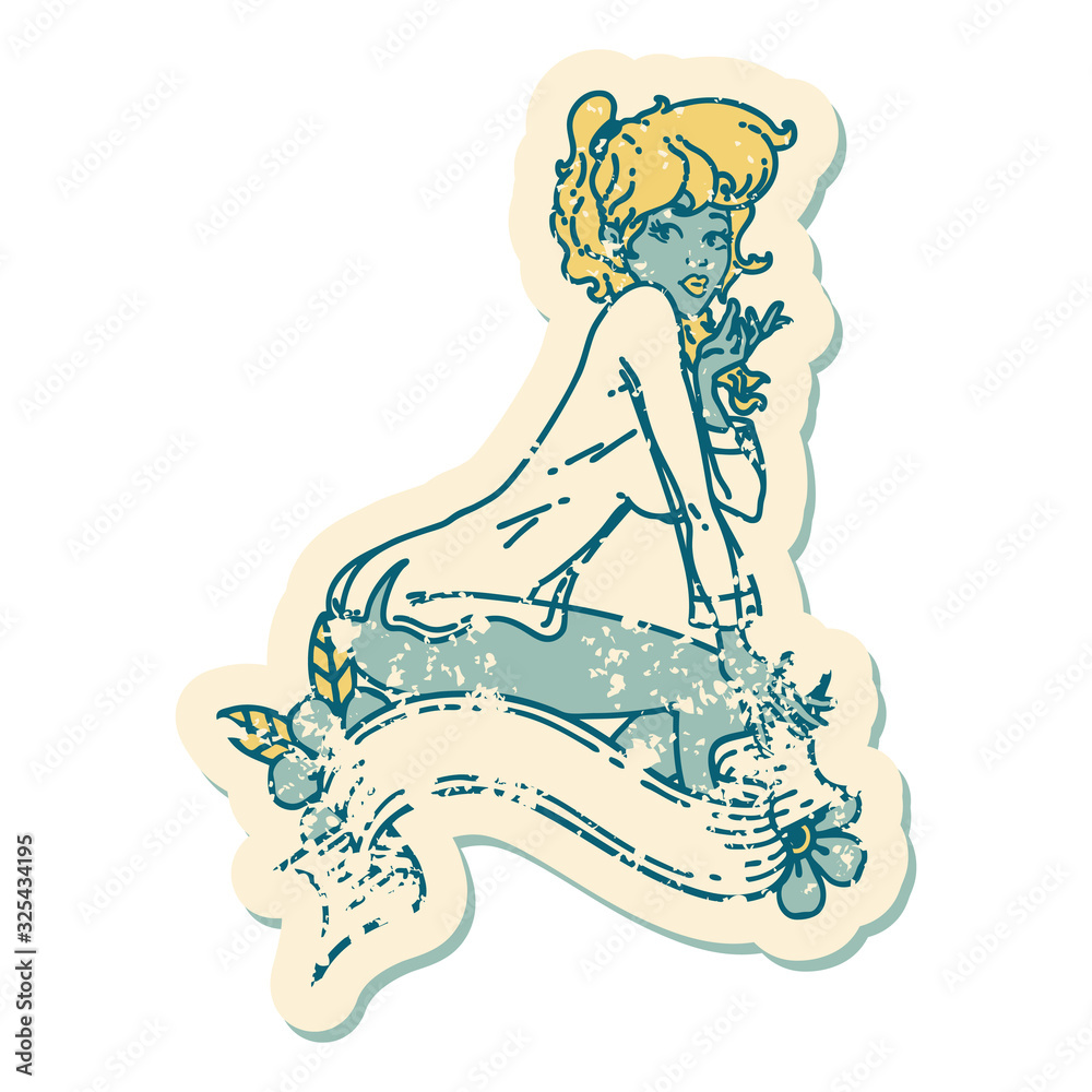 distressed sticker tattoo style icon of a pinup girl wearing a shirt with banner distressed sticker tattoo style icon of a pinup girl wearing a shirt with banner