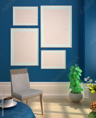 cztery puste szablony plakatów z ramkami na niebieskiej ścianie na tle wnętrza pokoju z kwiatami, ilustracja 3D