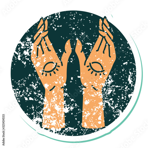 distressed sticker tattoo style icon of mystic hands