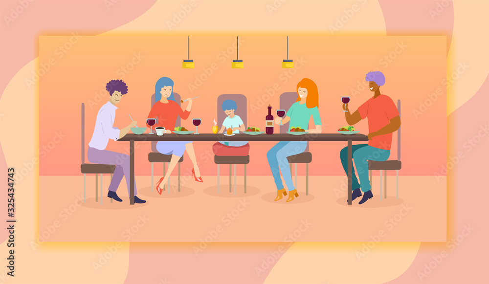 Happy Family Celebration and Sparetime. Parents, Friends and Kid Sitting Around Table Celebrating Anniversary, Birthday, Visiting Cafe for Meeting. Sweet Life Moments. Cartoon Flat Vector Illustration