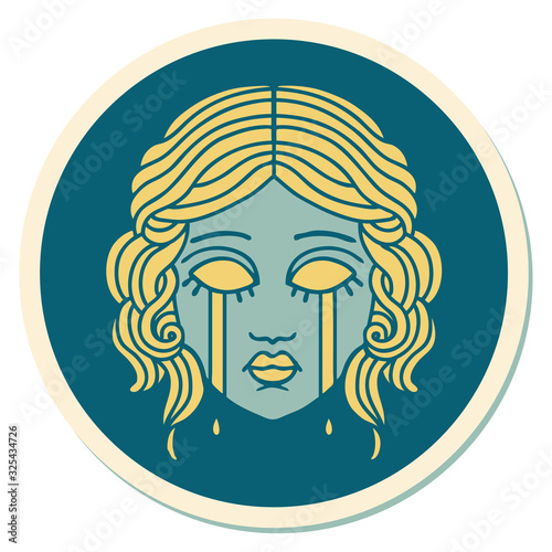 tattoo style sticker of female face crying