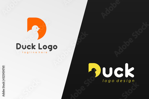 Orange and Yellow Initial Letter D Duck Logo isolated one white and black background. Flat Vector Logo Design Template Element