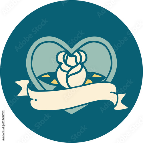 tattoo style icon of a heart rose and banner