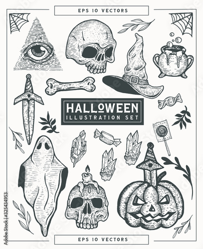 Hand-drawn halloween themed vector illustration set