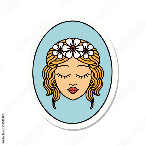 tattoo style sticker of a maiden with eyes closed
