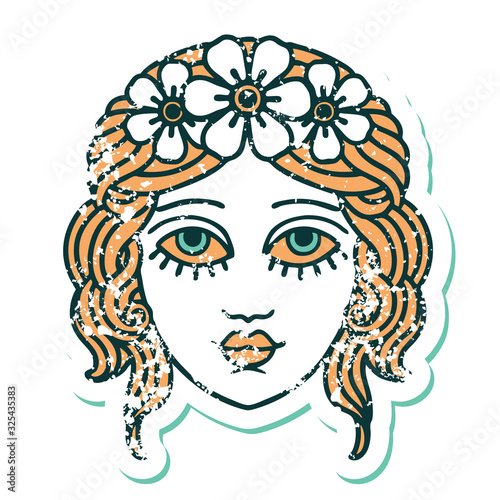 distressed sticker tattoo style icon of female face with crown of flowers