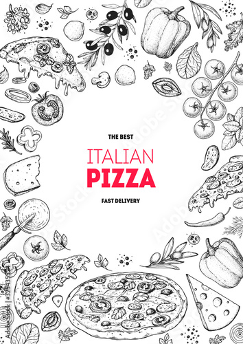 Italian pizza and ingredients. Italian food menu design template. Pizzeria menu design template. Vintage hand drawn sketch vector illustration. Engraved image.